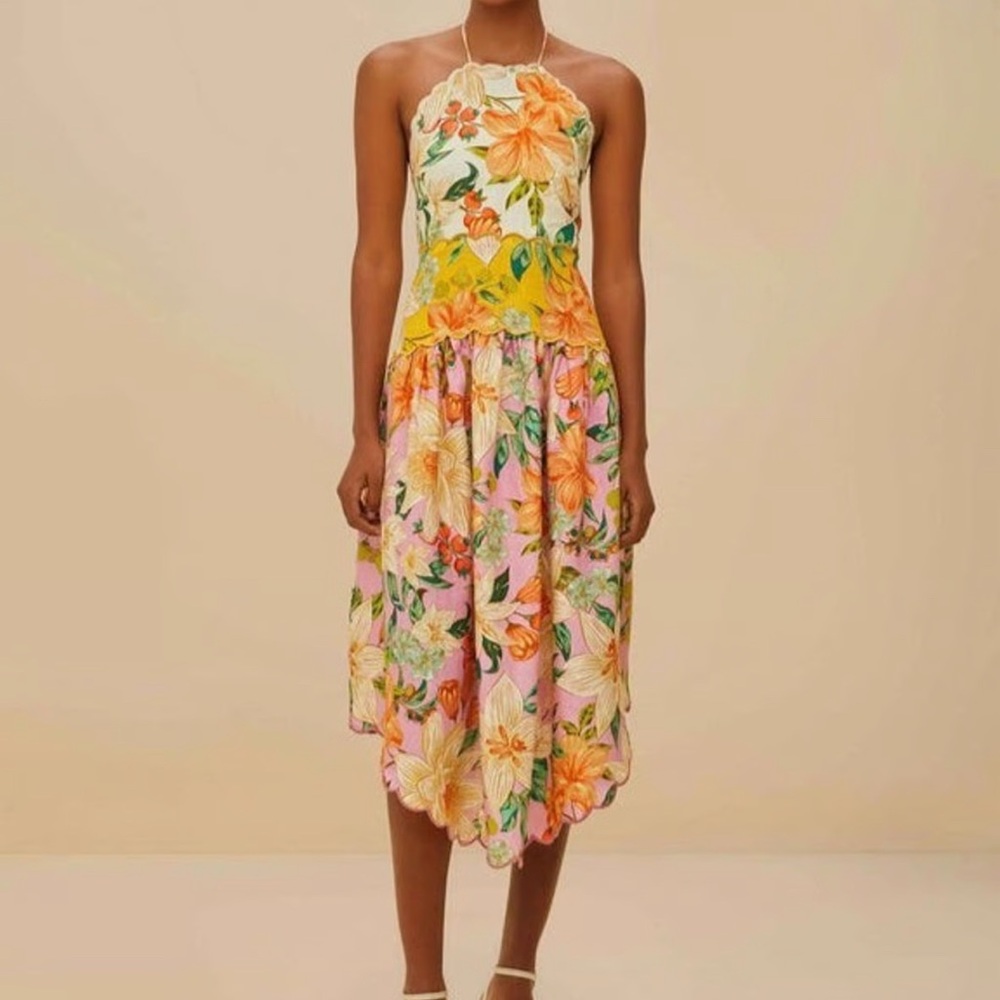 FARM Rio Multicolor Floral Guaragarden EUROFLAX Linen Midi Dress